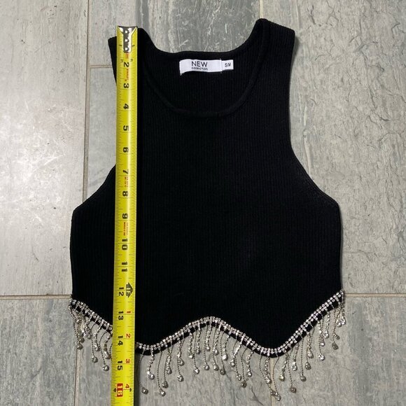 NEW Collection Rhinestone Fringe Trim Ribbed Stretchy Crop Tank Top Black Sz S/M - Picture 5 of 10